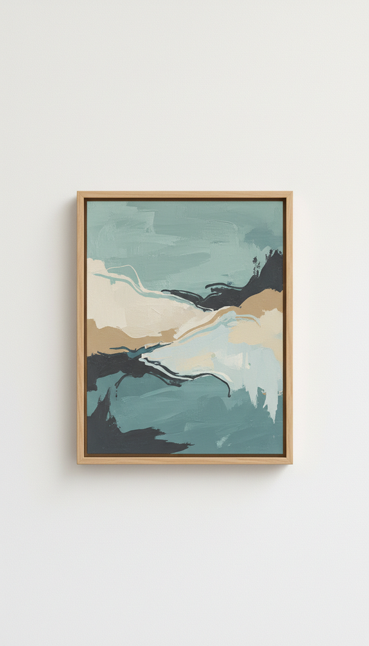 Muted Teal Abstract Landscape With Wood Frame